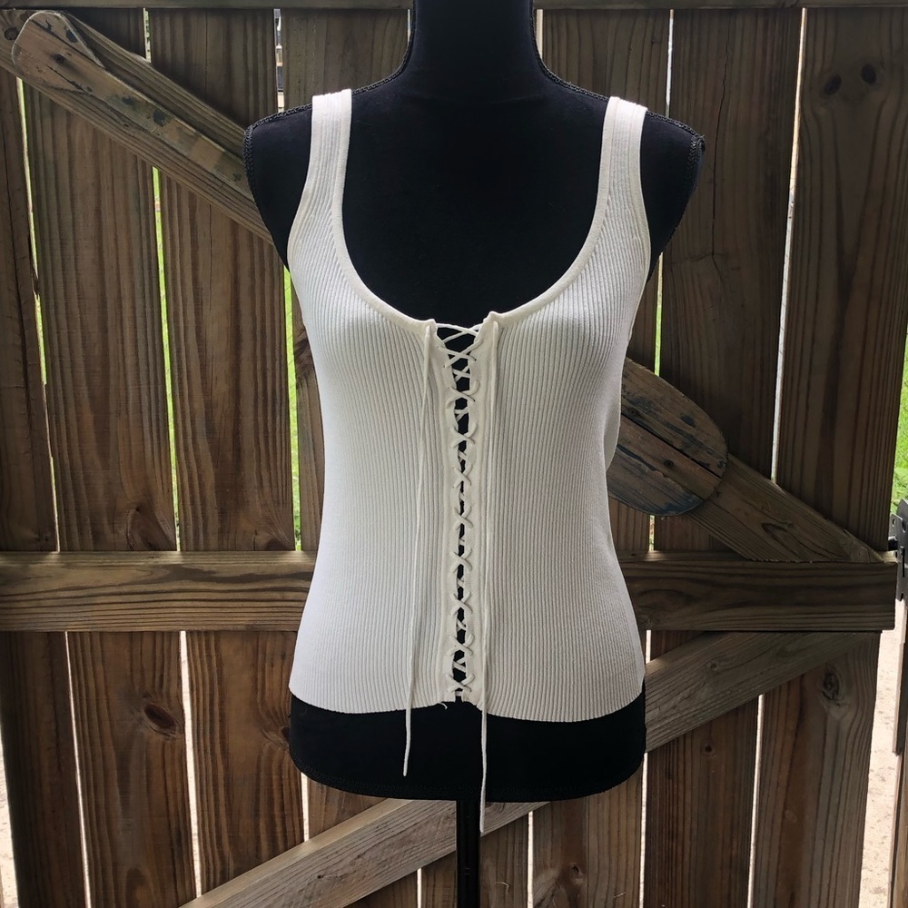 BCBGMaxAzria Ivory Ribbed Lace Up Sweater Style Tank Top Size L
